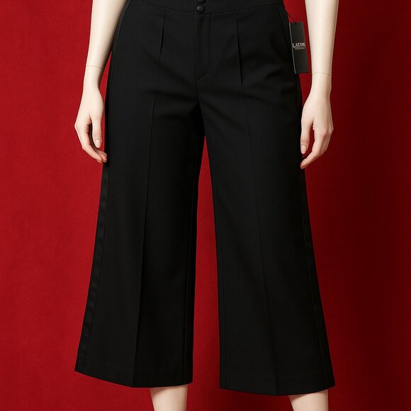 Lauren Ralph Lauren Women’s Tuxedo-Stripe Wide-Leg Cropped Pants Sz 14 – Black - Picture 1 of 8